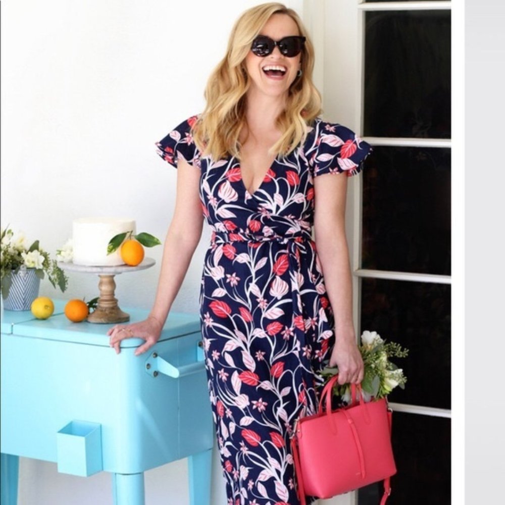 Draper James Linen Wrap Dress Navy Floral Vines 6